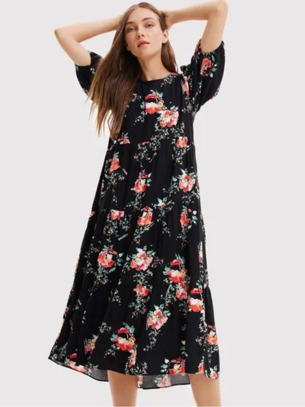 DESIGUAL New Florencia Floral Tiered Midi Dress Puff Sleeves Spanish XS / Small